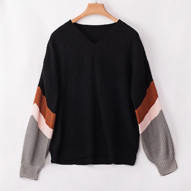 Adogirl Vintage Striped Patchwork V Neck Women Sweaters Pullovers Loose Knitted Autumn Winter Female Clothing Casual | Женская одежда