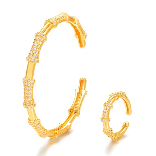 Gold Set GODKI бамбуковый узел роскошный сверкающий Полный AAA кубический цирконий геометрический дизайн для женщин браслет и кольцо набор ювелирных изделий - Окраска металла: Gold Set