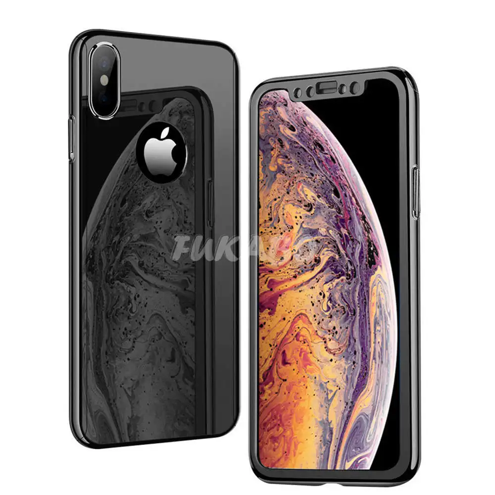 Покрытие 360 Полное покрытие для Apple iphone 7 iphone X Xr Xs Max зеркальный чехол для телефона для iphone 7 8 6 6S Plus блестящая Капа со стеклом - Цвет: Black