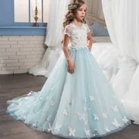 abaowedding blue butterfly girls dresses with sleeves ball gown kids first communion dress long flower girls pageant dress