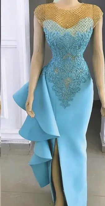 Синий Real Image Sea Blue Sexy Mermaid Evening Dresses Sexy Side Split Long Prom Gowns Ruffles Party Dresses Lace Appliques - Цвет: Синий