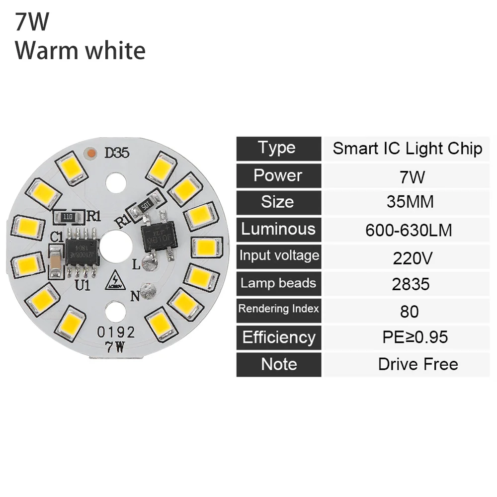 7W DIY светодиодный светильник AC220V, умный IC светодиодный светильник для лампы SMD 15 Вт 12 Вт 9 Вт 7 Вт 5 Вт 3 Вт, теплый белый - Испускаемый цвет: 7W