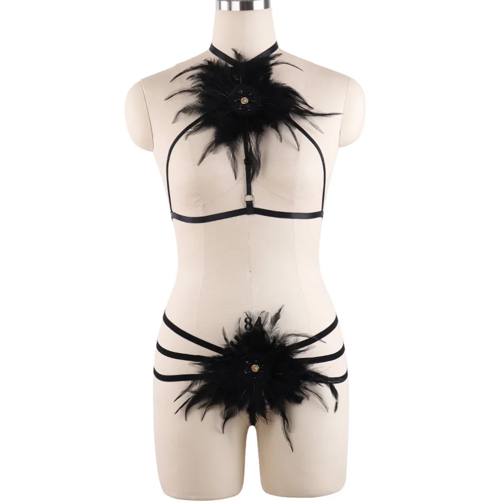 Sexy Lingerie Open Chest Feather Cage Bra Harness Fetish Wear Bottom Panties Body Bondage suit | Женская одежда
