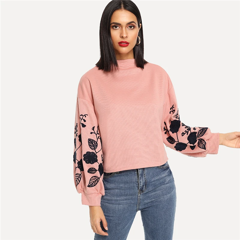Dotfashion розовый женский пуловер с цветочной вышивкой на плече, повседневный осенний свитер с воротником-хомутом