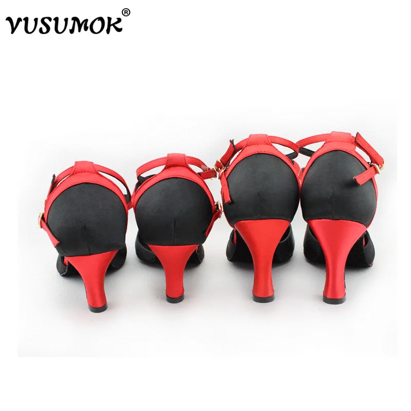 Танцевальные туфли VUSUMOK для бальных танцев Латинский танец Сексуальный Сальса Вечеринка Квадратный черный красный Женщины Девушки Дамы 2017 Новинки