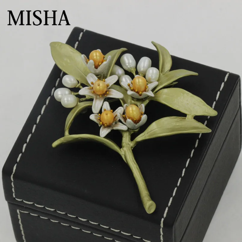 Женская брошь в форме цветка MISHA свадебная с натуральным оранжевым жемчугом