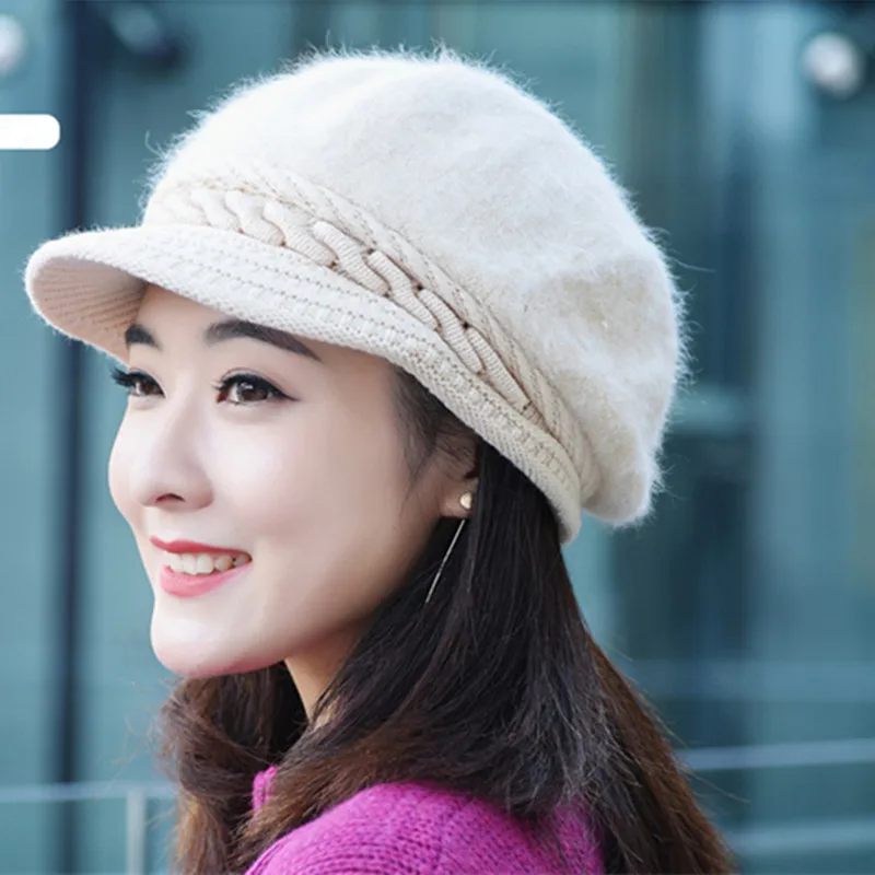 Женский вязаный берет joejerry теплая зимняя шапка с кроличьим мехом для девочек