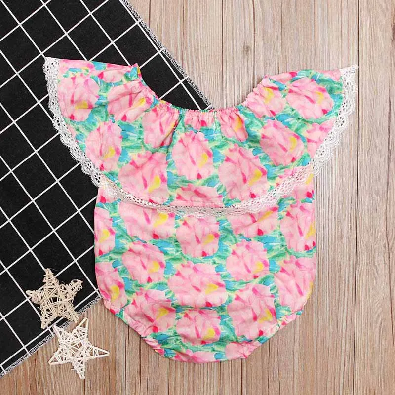 Rorychen Brand 2019 New Summer Toddler Baby Girls Romper Off Shoulder Petal Sleeve Floral Pink Jumpsuit 4-24M |