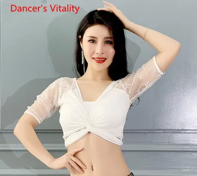 Белый Belly Dance Top New Spring Summer Short Sleeve Sexy Lace Slim Fit Training Outfits Oriental Indian Dancing Competition Top - Цвет: Белый