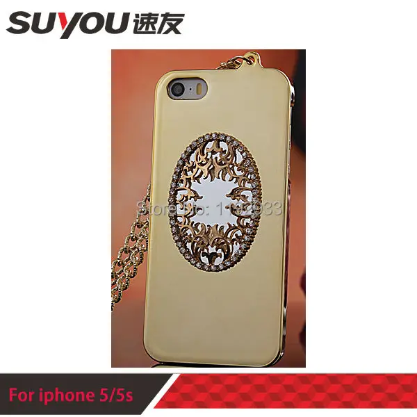 New 2014 Beautiful Electroplate Witch Magic Mirror Hard Cover Case For iphone 5 5s 5g Handbag Style With Gold Metal Chain |