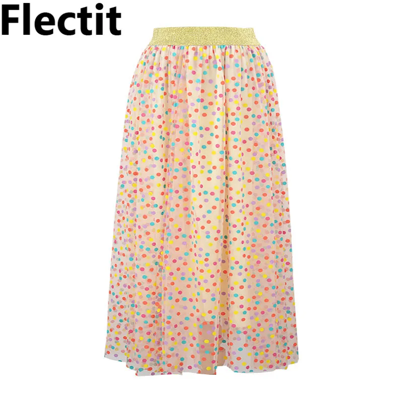 Юбка Flectit в горошек весна лето 2019 с золотым поясом Женская многослойная юбка из