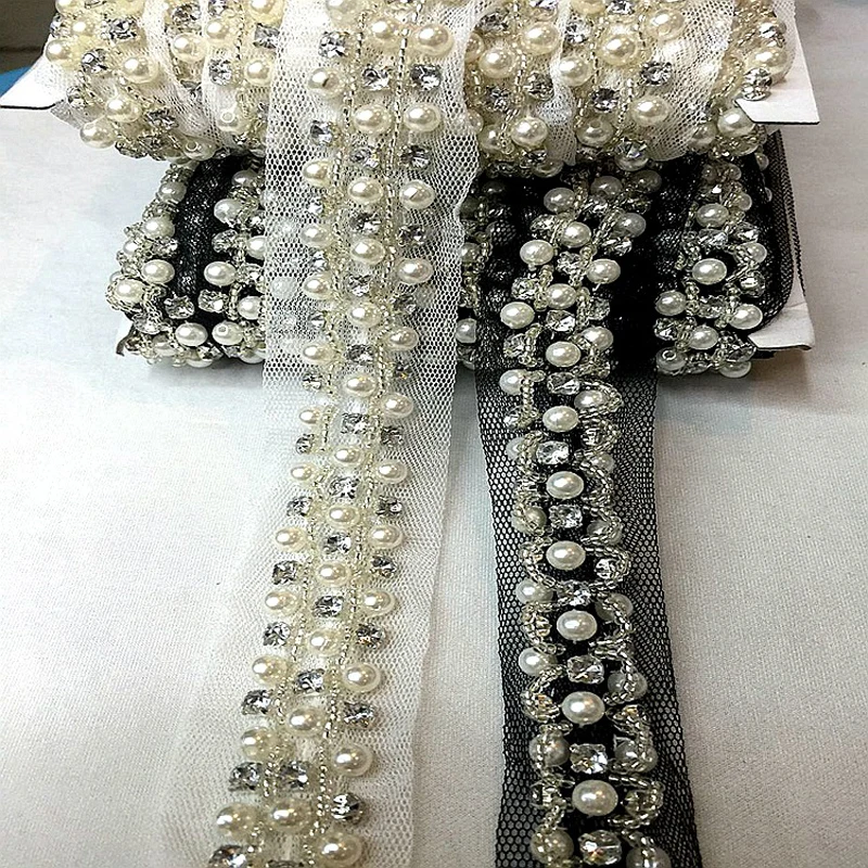 

3 Yds/Lot White/Black Beaded Beading Lace Trims Pearl Rhinestone Braid Ribbon Lace Vintage Handmade diy decoration accessories