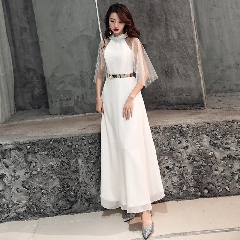 Белый Vestidos De Gala Белые Простые Длинные платья с высоким горлом и бисером, женские вечерние кружевные платья размера плюс, платья для выпускного вечера E437 - Цвет: Белый