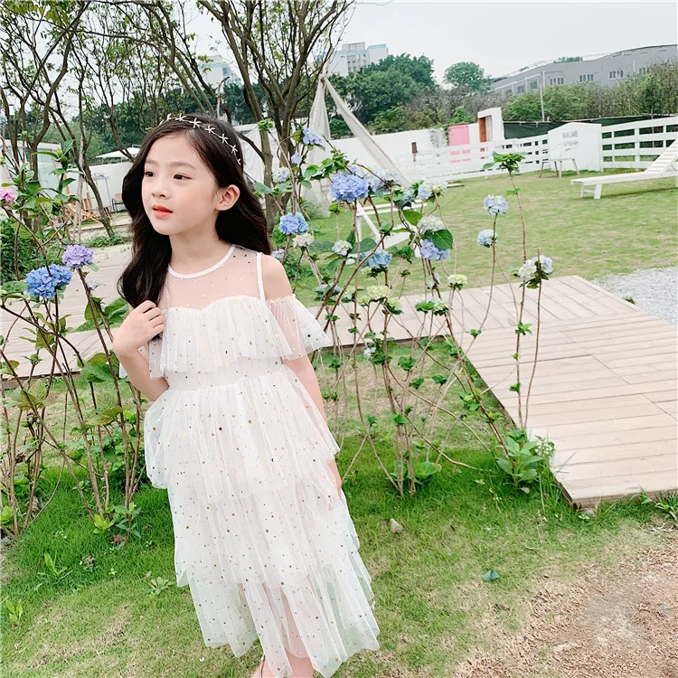 Платье для девочек кружевное многослойное платье на лето и осень Сетчатое с