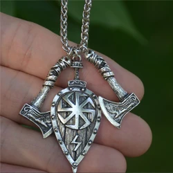 Светло-желтый, золотистый цвет Norse подвеска с символикой викингов ожерелье в славянском стиле топор щит ожерелье ювелирные изделия защита цепи ожерелье для женщин мужчин - Окраска металла: Светло-желтый, золотистый цвет