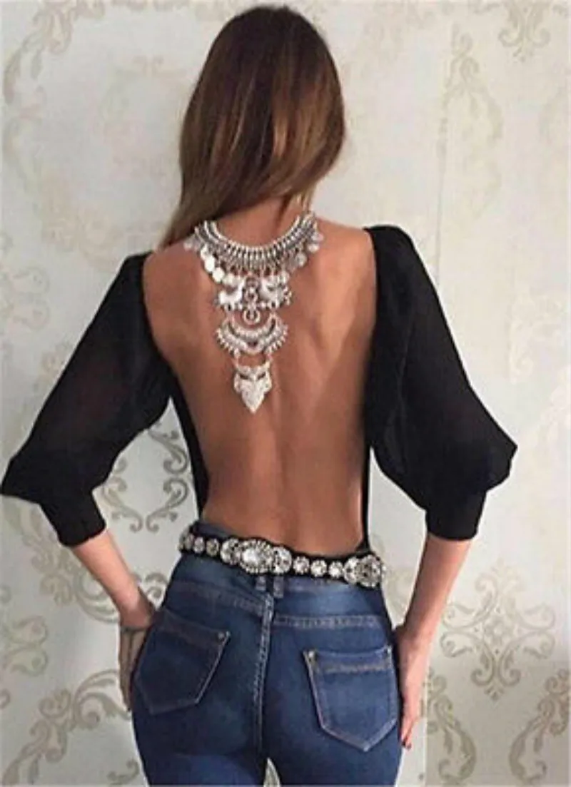 Женская шифоновая блузка с открытой спиной и длинным рукавом|blouse long|chiffon blouseopen back