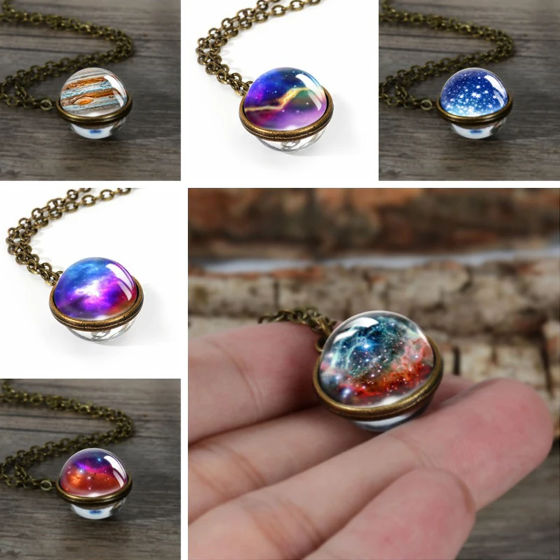 Time Gem Nebula Galaxy Planet Universe Necklace Double Sided Glass Ball Pendant Solar System For Women Kids Jewelry | Украшения и