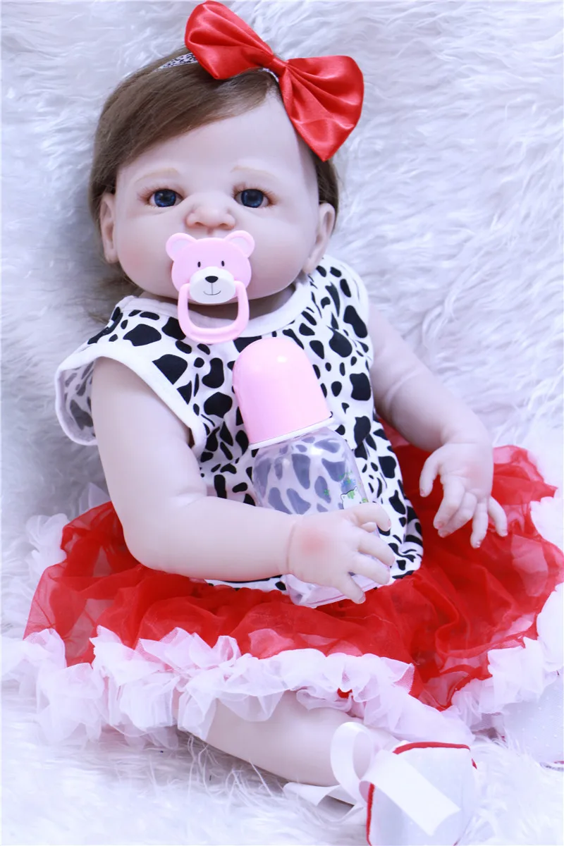 

55cm fashion rooted Fiber hair whole silicone reborn baby girl boneca with princess dress toys for children Xmas gift Bathe Toy