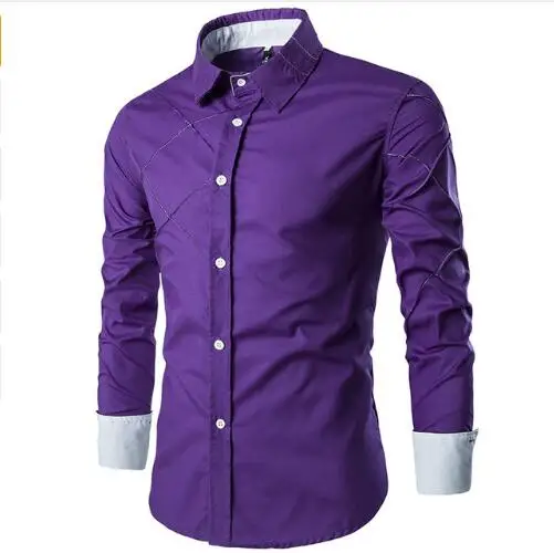 Purple Мужская рубашка, весна, бренд, деловая мужская приталенная рубашка, мужская рубашка в полоску с длинным рукавом, camisa masculina, размер M-3XL - Цвет: Purple