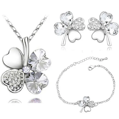 silver white Кристалл Клевер 4 листа листья кулон в форме сердца, украшения наборы ожерелье серьги браслет для женщин любовник милые романтические подарки - Окраска металла: silver white