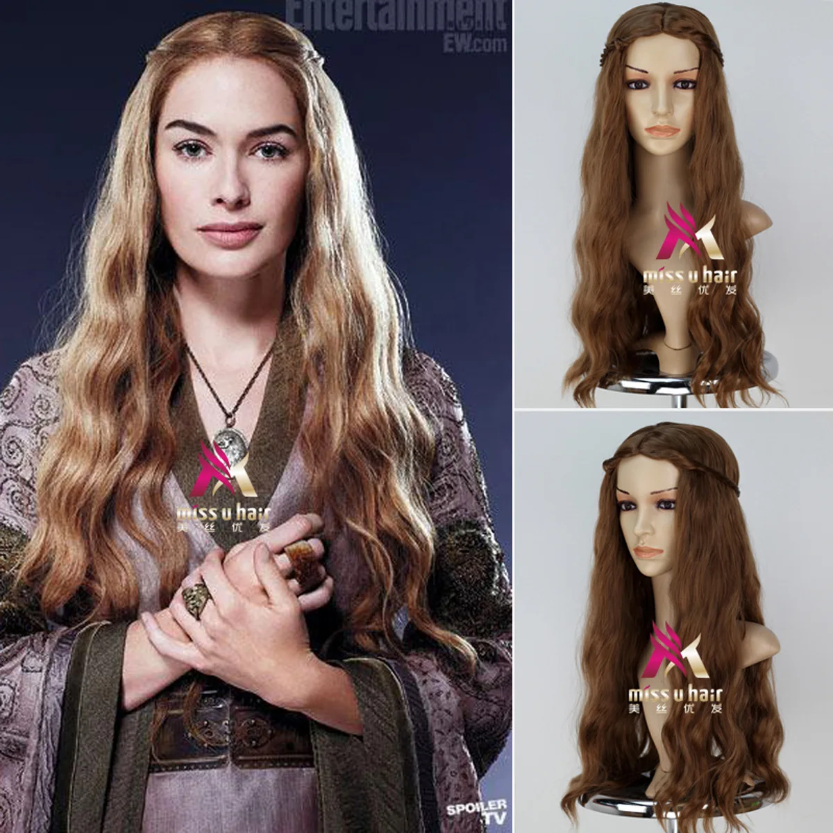 brown Длинный волнистый Плетеный парик из игры престолов Cersei Lannister queen Cersei, коричневый парик, костюмы с сеткой для волос - Цвет: brown
