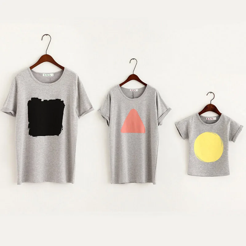 Family Look 2020 Summer Shirt Sets Matching Mother And Daughter Clothes Cotton Geometric Pattern Short-Sleeve Tshirts | Мать и ребенок