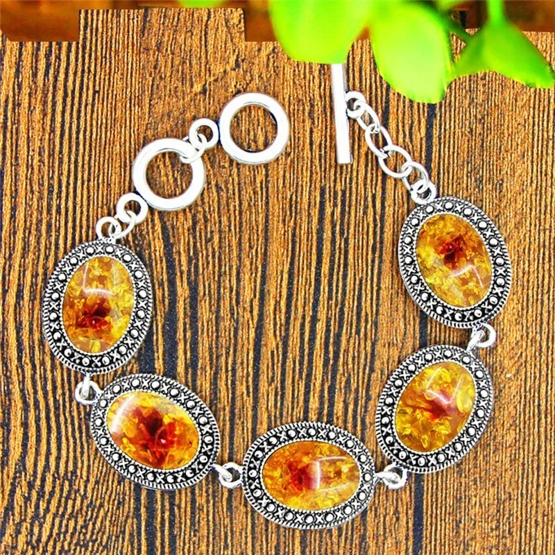 Oval Resin Flower Bead Necklace Earrings Bracelet Jewelry Set Vintage Look Antique Silver Plated Fashion Jewelry|Ювелирные наборы| |