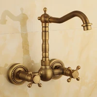 antique brass wall mounted basin faucet double handle bathroom vessel sink faucet swivel spout basin mixer faucet kd527