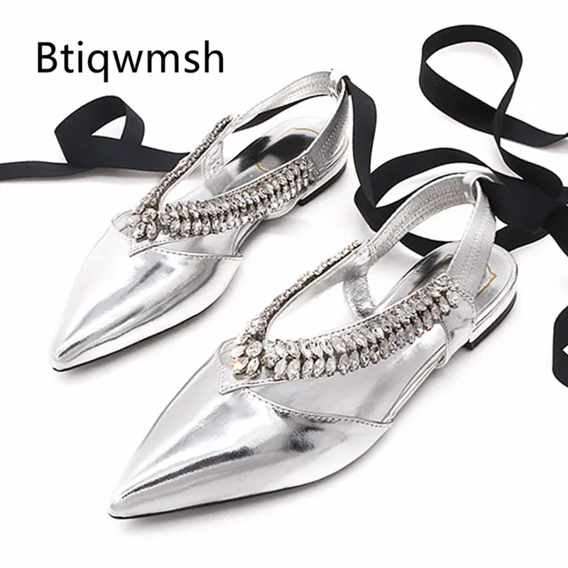 2019 серебристые кожаные туфли на плоской подошве женские с острым носком со