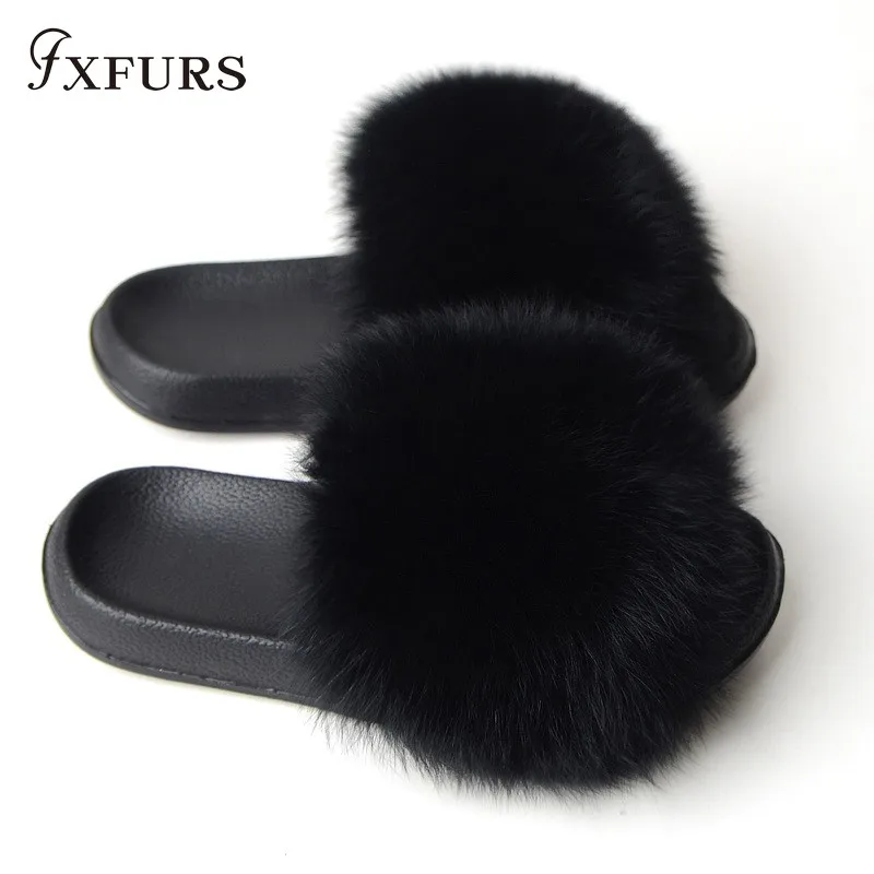 FXFURS/ г.; модные женские шлепанцы с лисьим мехом; сезон лето; пушистый мех; шлепанцы; пляжные скандалы; уличная ярмарка; шлепанцы; модная плюшевая обувь - Цвет: black