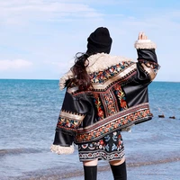 free shipping fashion pu leather beaded embroidery coat women national outerwear long sleeve thick winter high quality jackets