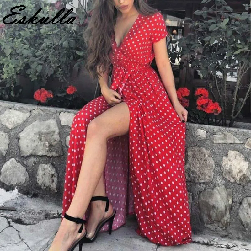 Eskulla 2019 летнее женское длинное платье Красное Белое Платье для пляжа макси