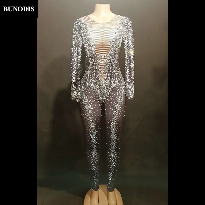 ZD423 Classic Style Women Sexy Brown Jumpsuit Sparkling Crystals Bodysuit Nightclub Party Stage Wear Singer Dancer Bling Costume