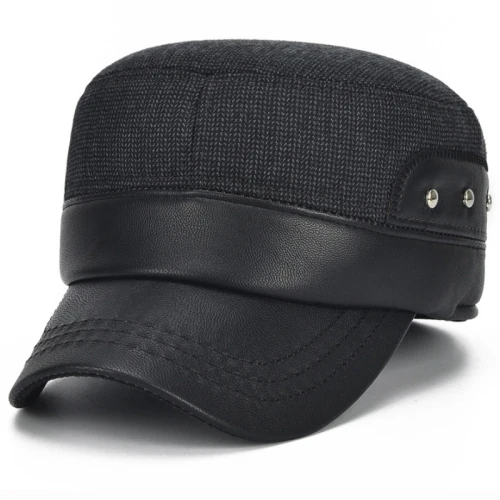 Черный HT1883 PU Leather Brim Men Baseball Caps Winter Hats for Men Thick Warm Snapback Baseball Hats Male Adjustable Dad Caps for Men - Цвет: Черный