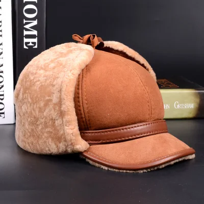 brown RY981 Роскошные зимние мужские шапки-бомберы из натуральной кожи с натуральным мехом козы, мужские теплые флисовые шапки коричневого/темно-синего цвета, мотоциклетные шапки - Цвет: brown