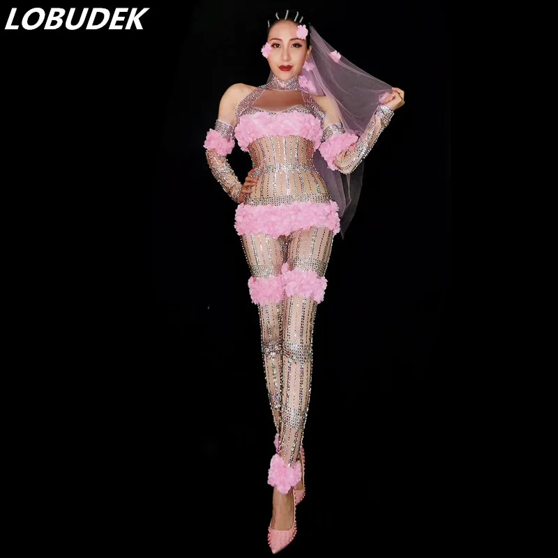 Женский костюм со стразами и розовыми цветами соблазнительный комбинезон для DJ DS