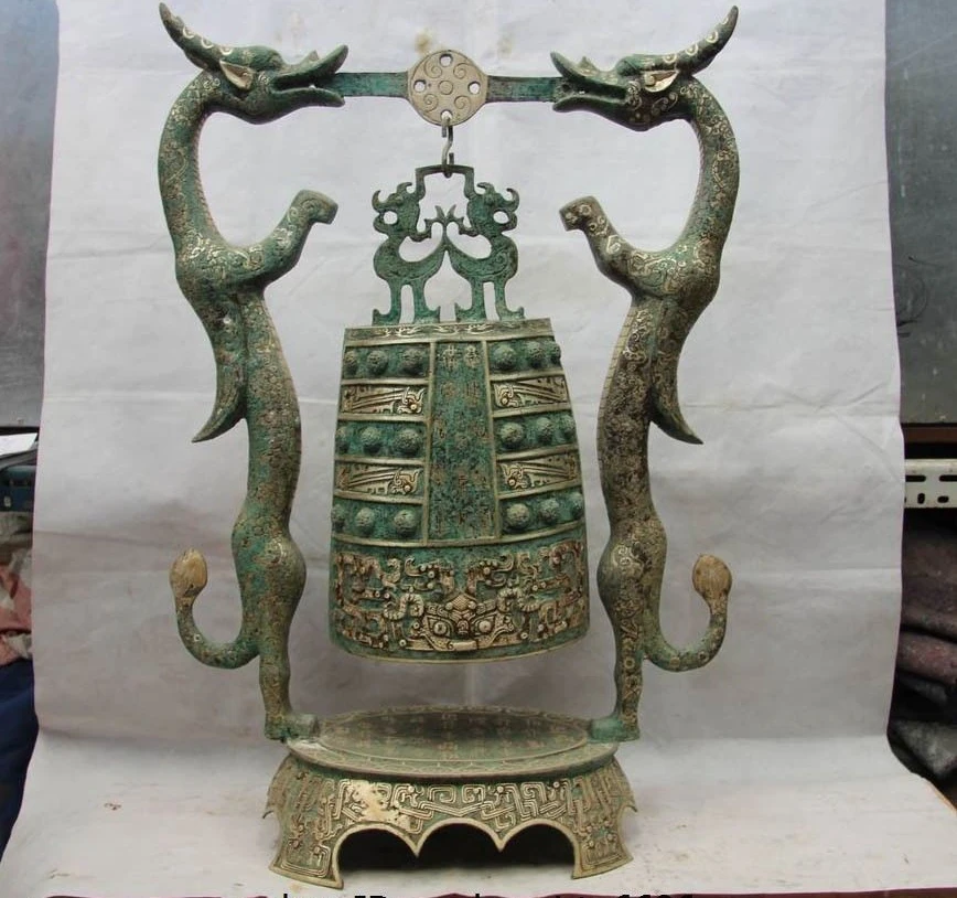 Kopen China Royal Brons Verguld Zilveren Beest Lucky Dragon Muziekinstrument Standbeeld Bell