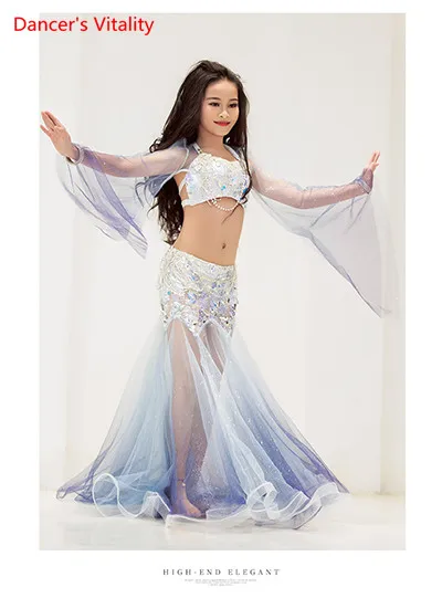Light blue Детские костюмы для танца живота; Лидер продаж; Одежда для танцев; роскошный бюстгальтер+ длинная юбка для девочек; для выступлений - Цвет: Light blue