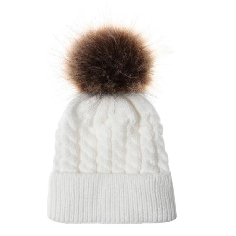 Style 2 white Теплая шапка для младенца из искусственного меха, шапки с помпоном для девочек, детская вязаная шапка на зиму и весну, одноцветная шапка - Цвет: Style 2 white