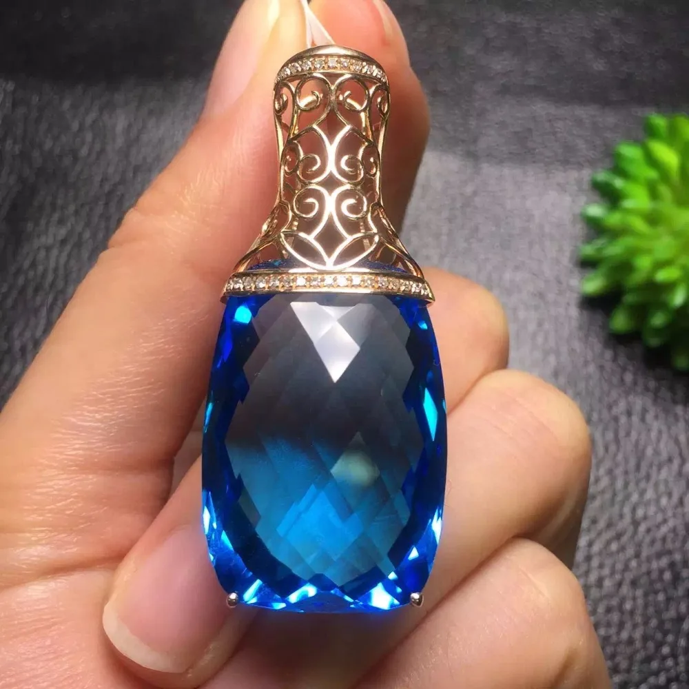 Fine Jewelry Collection Real 18K Rose Gold Natural Blue Topaz Gemstone Pendant Necklace For Women Pendants | Украшения и