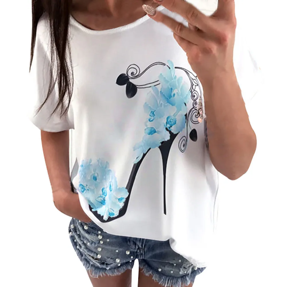 

Lady Blouse Shirt Blusas Camisa Short Sleeve High Heels Printed O-Neck Tops and Blouses Office Shirt Blouse Women feminina 2019