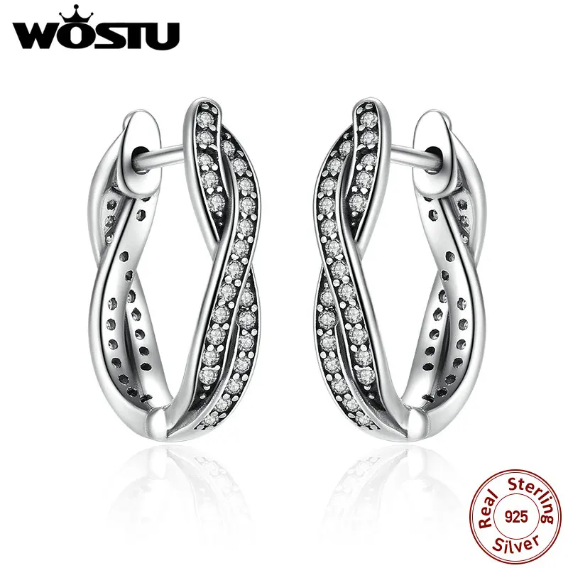 

WOSTU 100% Real 925 Sterling Silver Twist Of Fate Hoop Earrings With Clear CZ For Women Lady Authentic Original Jewelry Gift