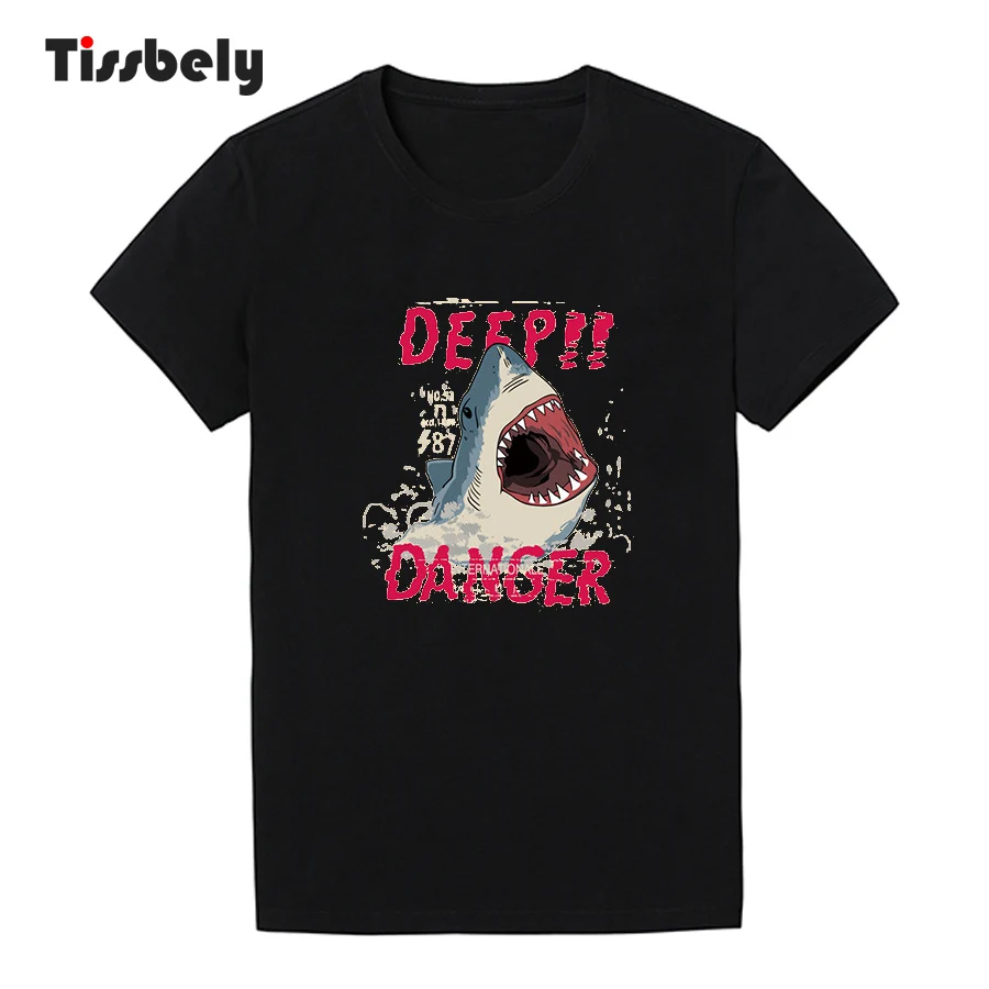 Tissbely хлопок Для мужчин футболка с принтом Дизайн Акула Deep опасность свободные best
