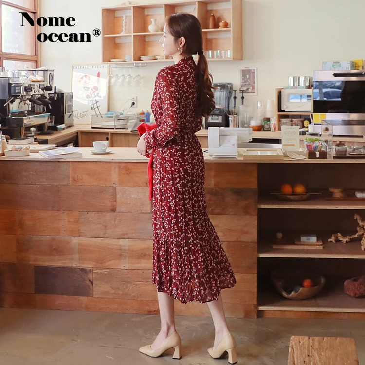 Модные платья миди с цветочным принтом и v образным вырезом высокая талия осень