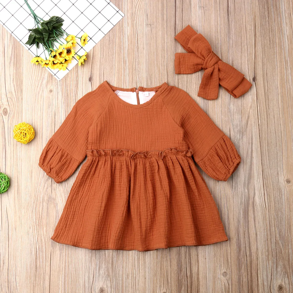 2019 New Cute Infant Kids Baby Girls Dress Headband 2pcs Puff Sleeve Solid Knee Length A-Line | Детская одежда и обувь