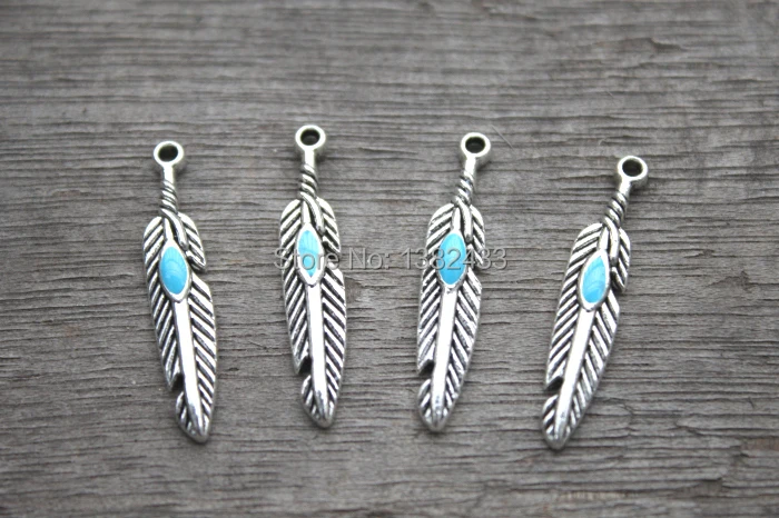 Подвески в виде перьев, антикварные тибетские серебряные перья с подвеской из искусственного тура и цитаты, 27x6 мм, 20 шт.