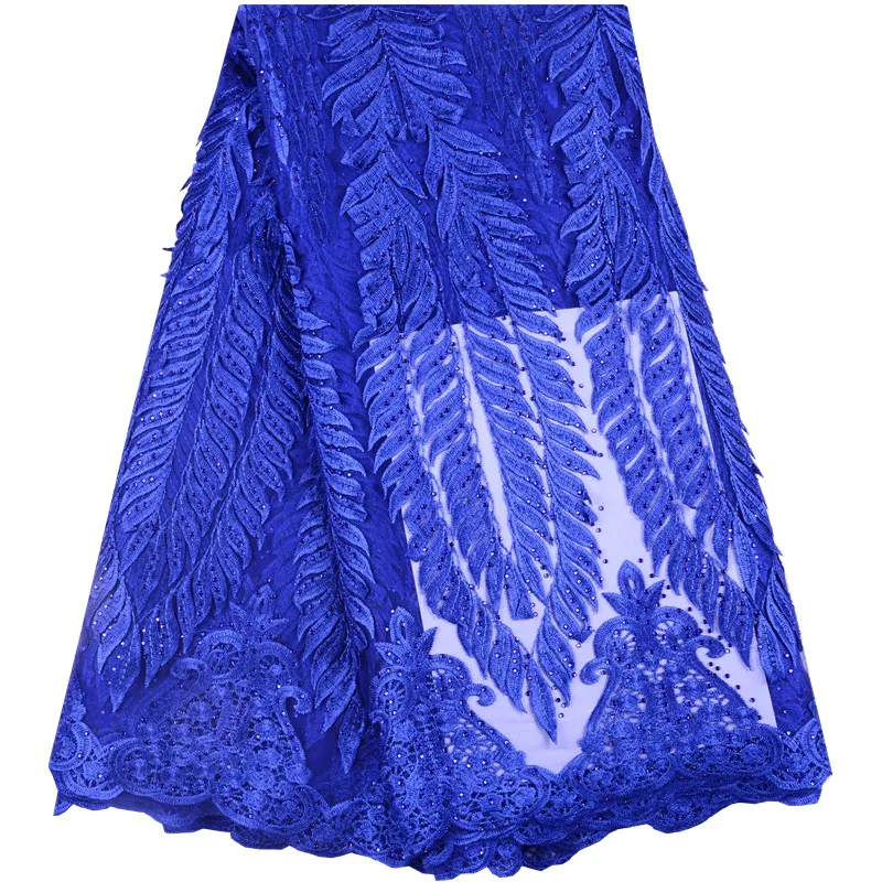 

High Quality Handmade Beaded Lace Fabric Royal Blue 3D Flower African Appliqued Net Lace Materials For Party Dress S1485