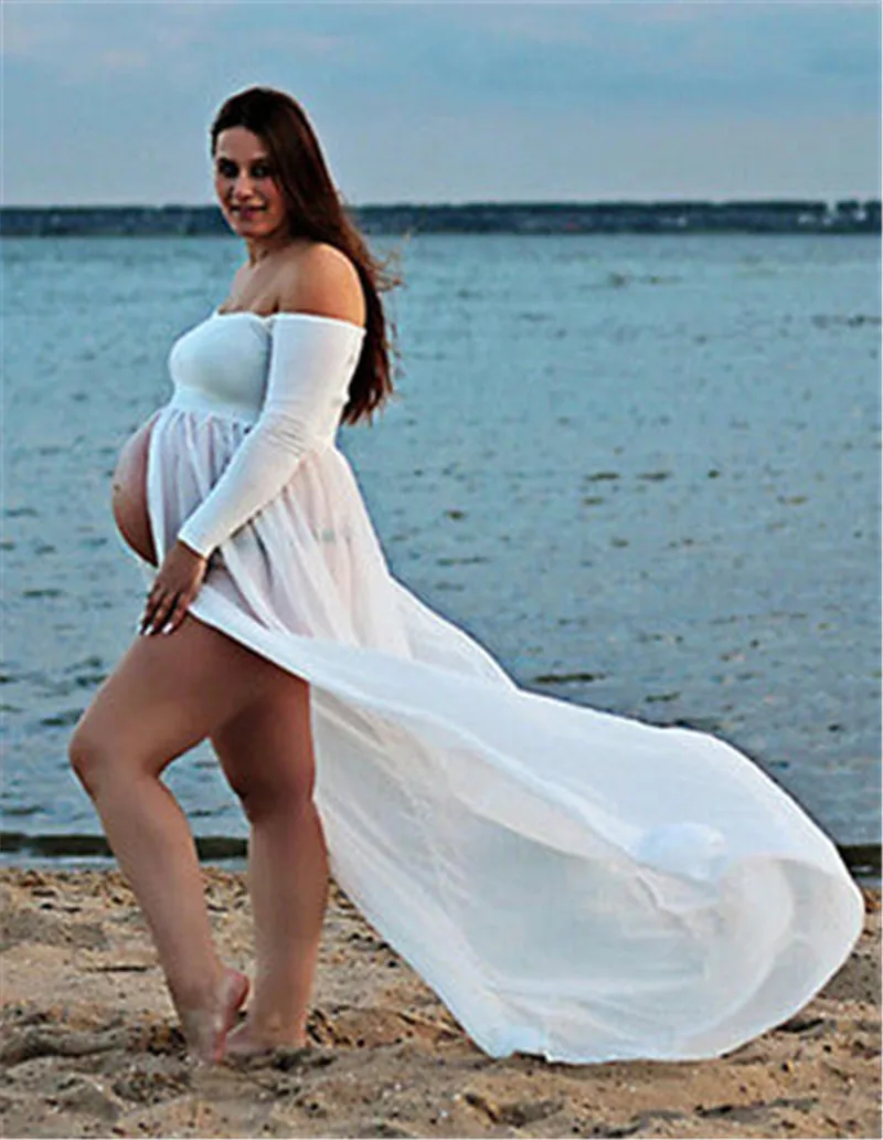 White Long Sleeve Пикантная Летняя женская одежда для беременных; платье для фотосессии; реквизит для фотосессии; вечерние платья с открытыми плечами - Цвет: White Long Sleeve