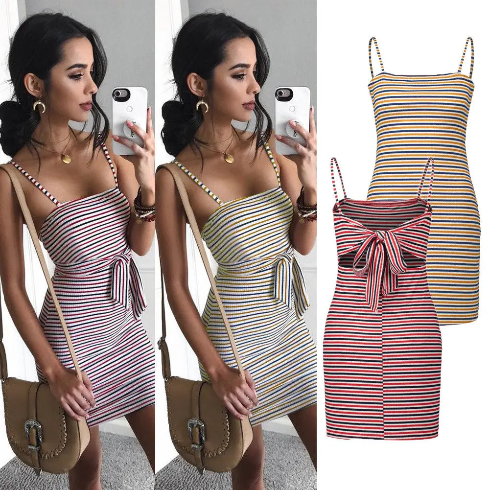 Модные летние для женщин Дамы повседневные платья 2 стиль без рукавов в полоску