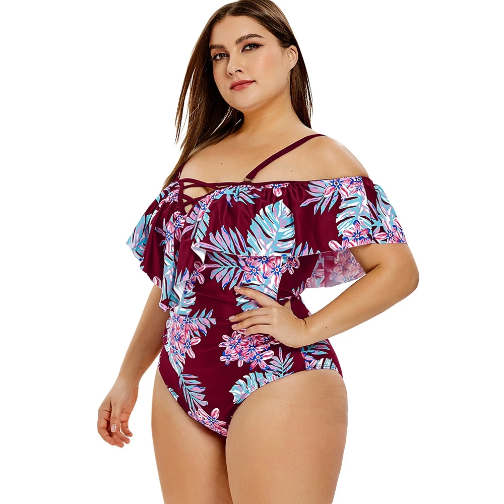 Плюс размер цветок лист цельный открытый плечо женские наборы Высокая талия